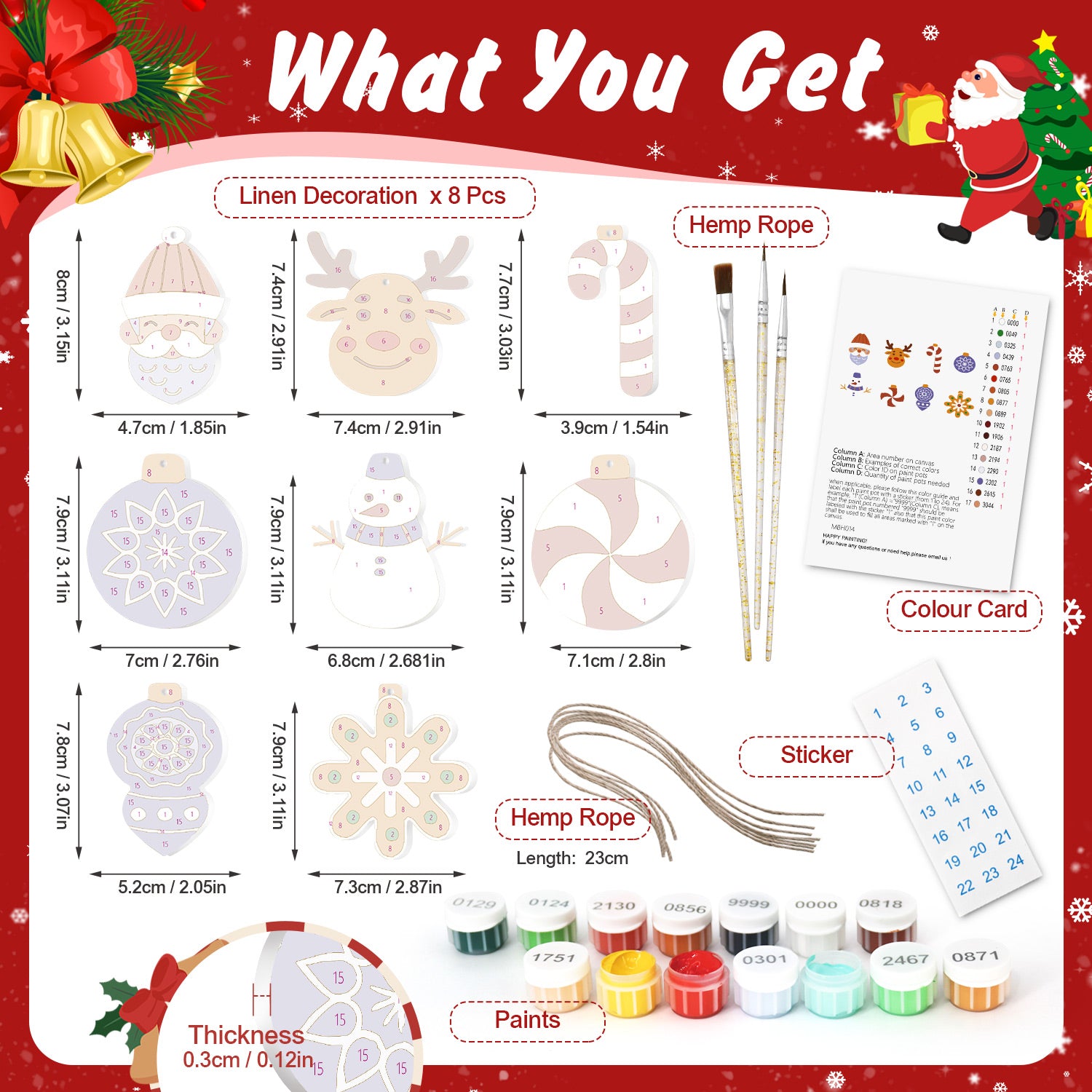 Product list with Christmas-themed items including linen decorations, hemp rope, paint cans, and a color card on a festive background.