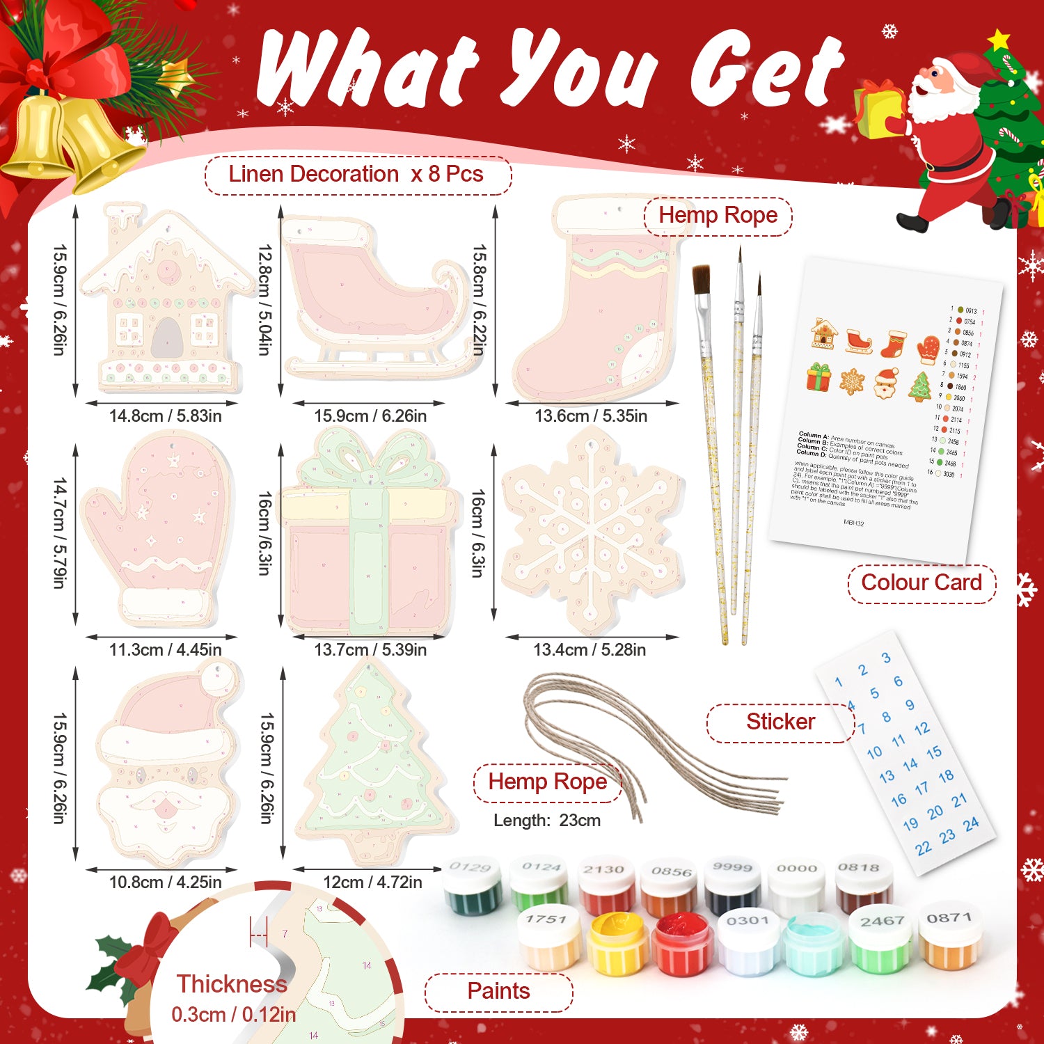Product set with Christmas-themed items including linen decorations, hemp rope, paint bottles, and a color card on a festive background.