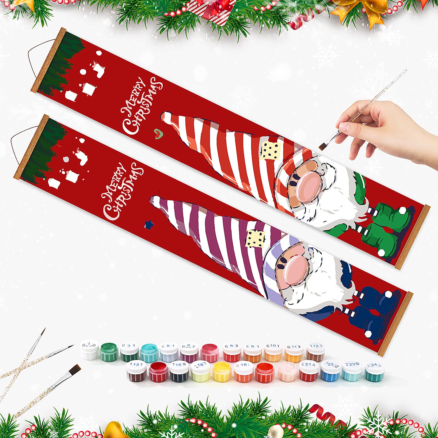 Set de pintura de temática navideña con diseño de Papá Noel, botes de pintura y una mano sujetando un pincel.