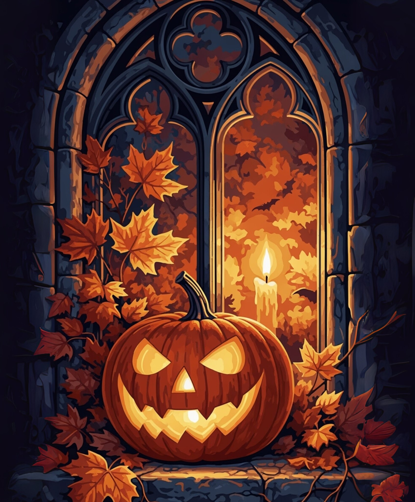 Halloween-themed scene with a carved pumpkin, candle, and autumn leaves in front of a stone window.