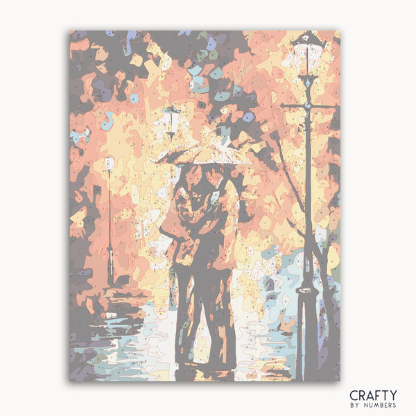 Lovers embracing under the rain in a paint by numbers style, inspired by famous paintings and vincent van gogh famous paintings.