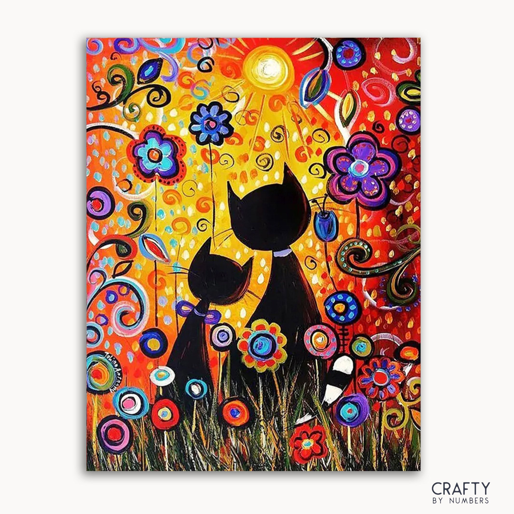 A colorful canvas painting featuring two stylized cats among various colorful floral designs, with a predominantly orange and yellow background.