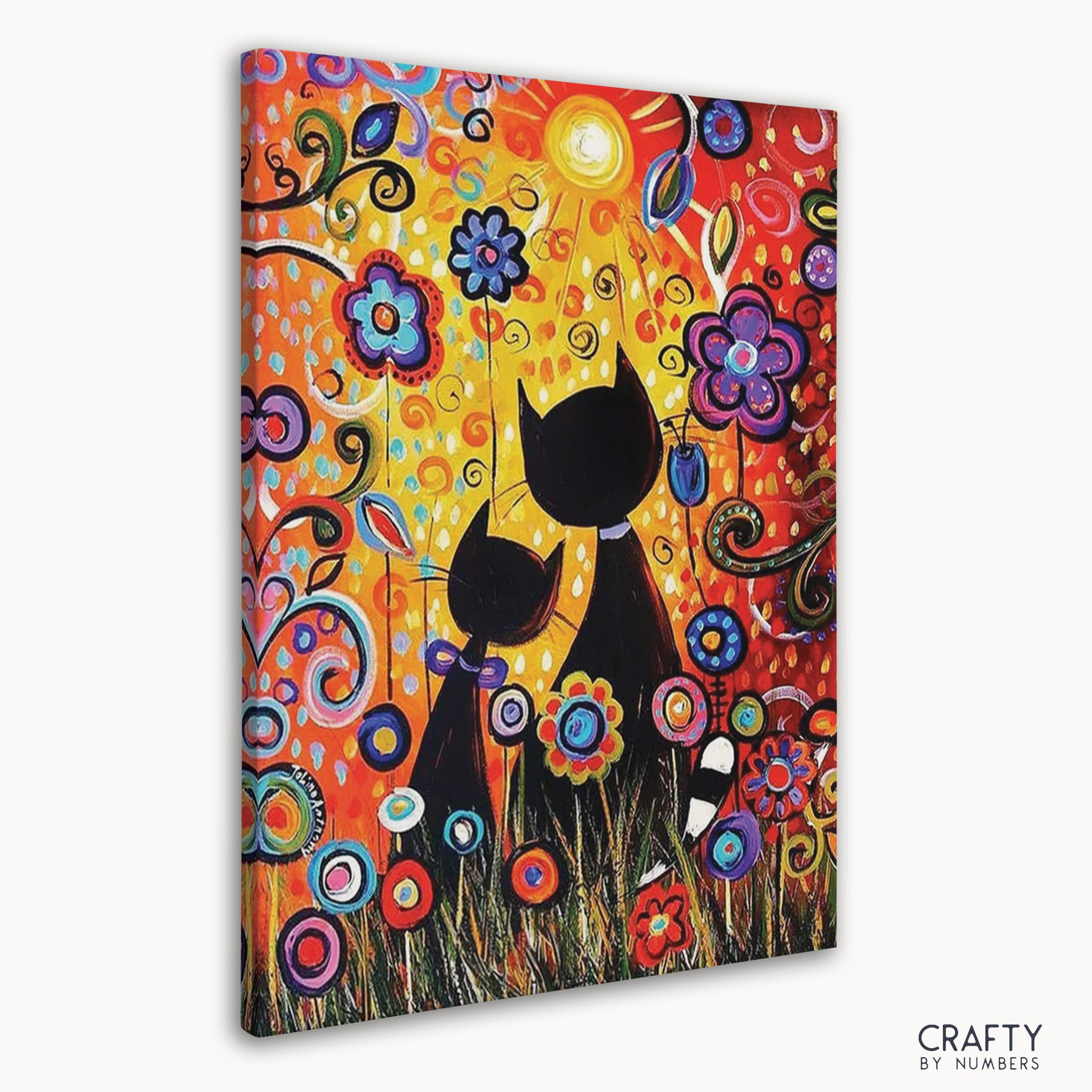 Detailed Happy Cats paint by number with vibrant strokes reflecting styles of famous landscape paintings and frida kahlo famous paintings.
