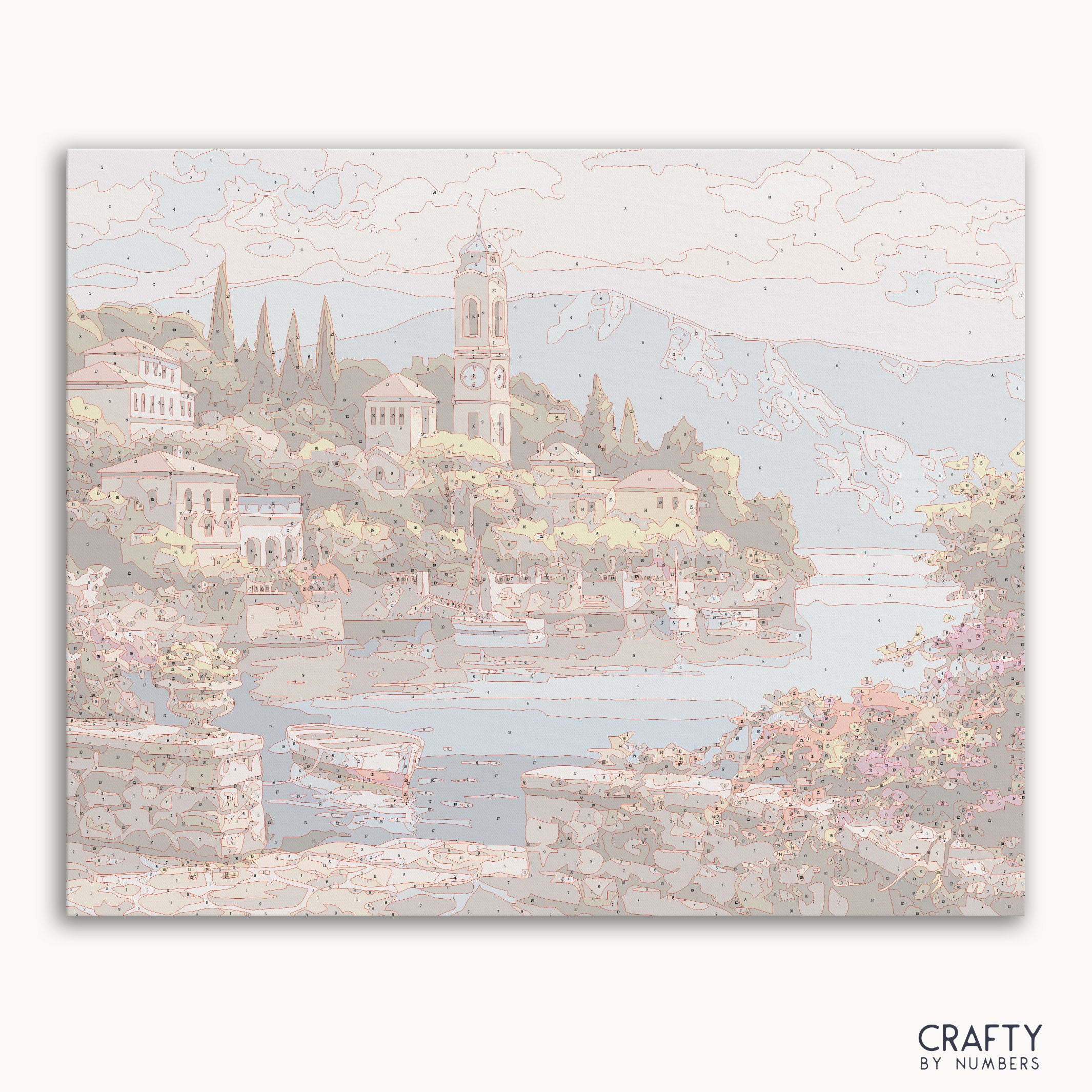 Lake Como Village paint by numbers kit with numbered linen canvas and acrylic paints.