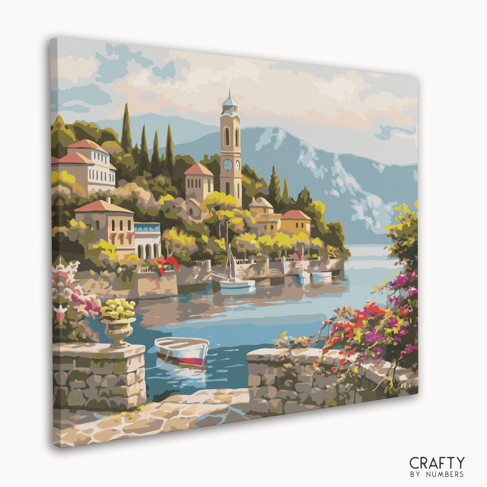 Primer plano del lienzo pintado por números de Lake Como Village que muestra contornos detallados del pueblo.