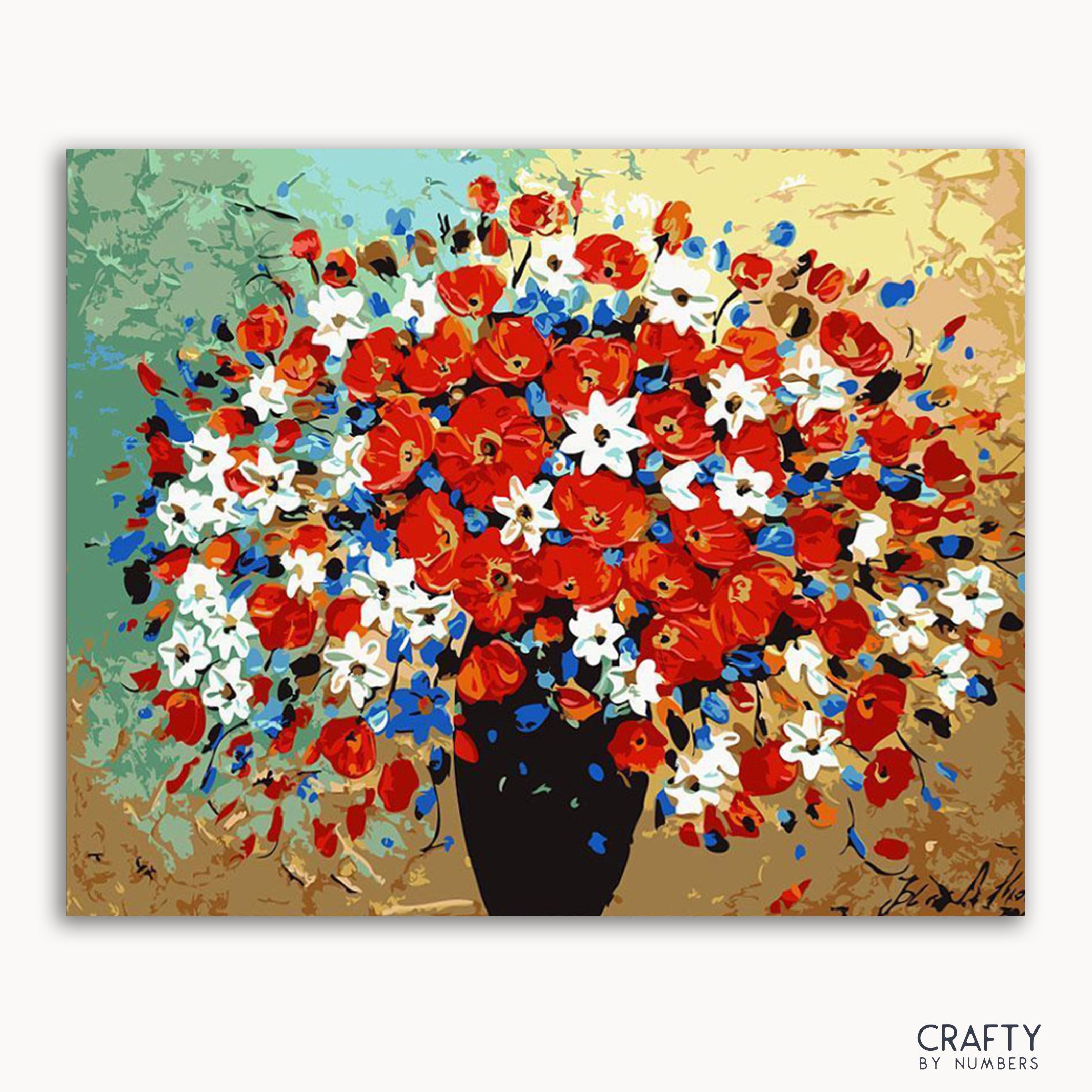 A paint by numbers kit depicting a bouquet of flowers with red, white, and blue petals in a black vase, with a textured gold background.