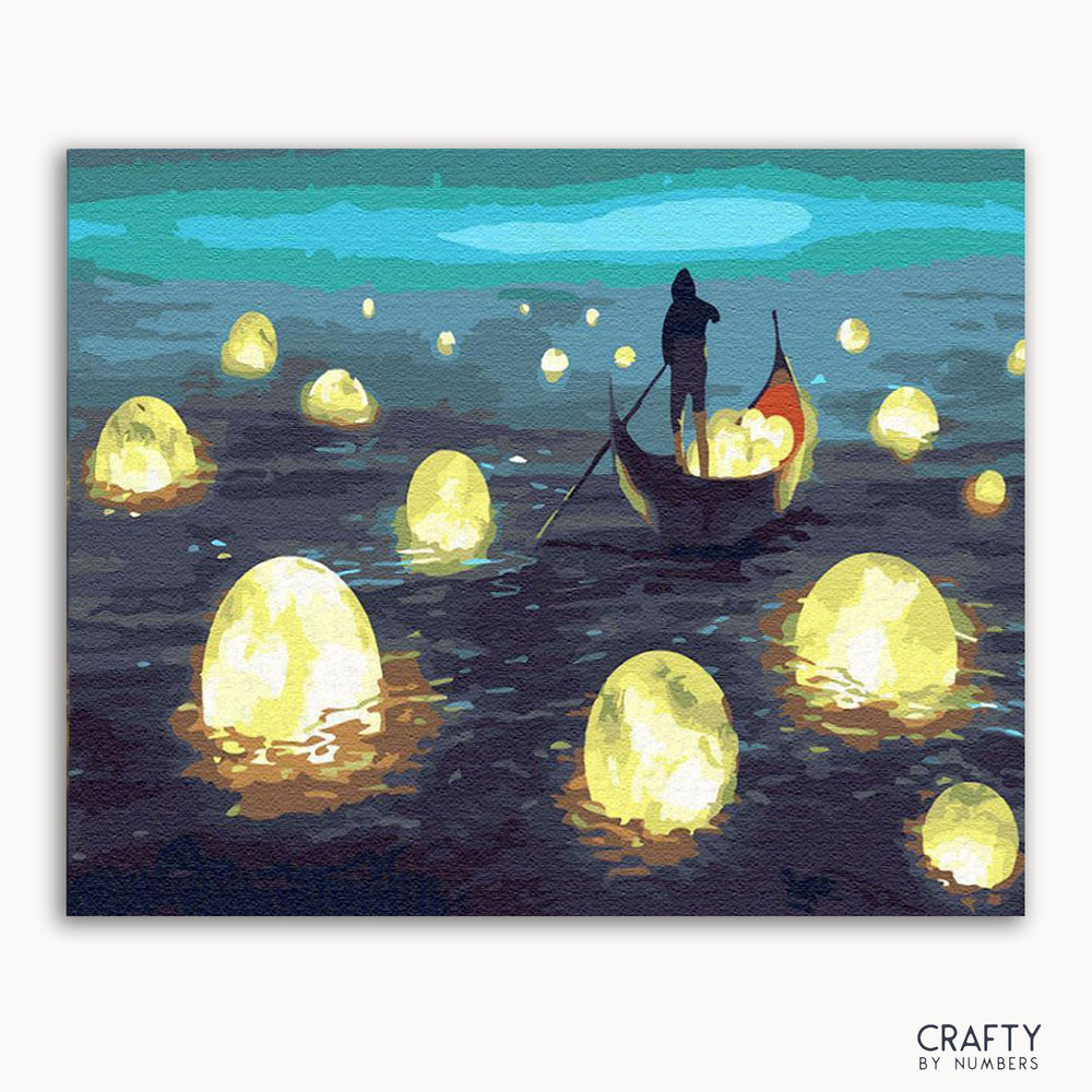 A painting on a framed canvas depicting a boat with a person rowing in the ocean at night with glowing moon-shaped lights.