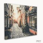 Colorful painting of a European old town at dusk in paint by numbers style