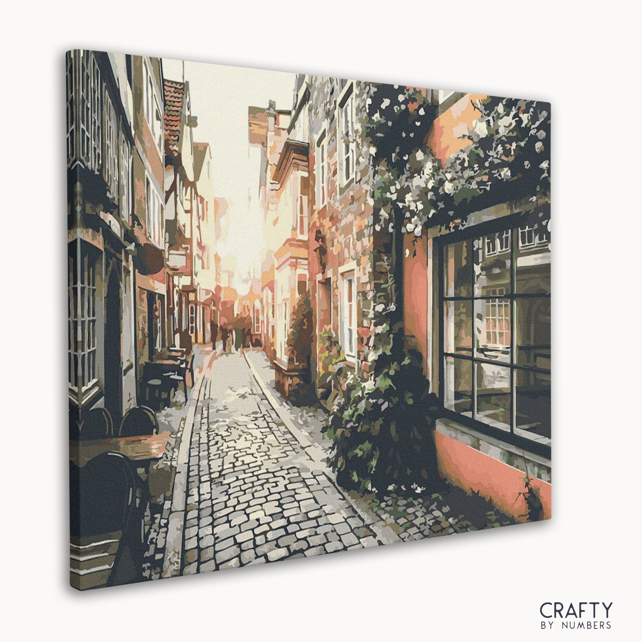 Colorful painting of a European old town at dusk in paint by numbers style