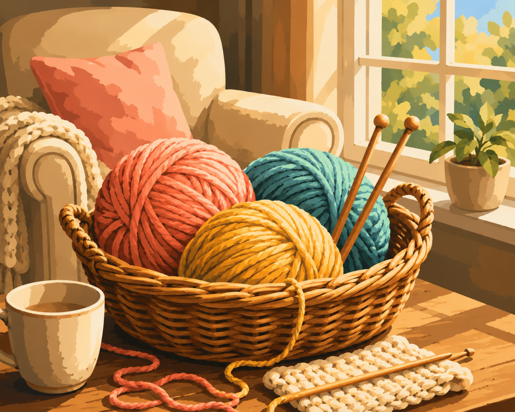 Cesta de tejer terminada, pintura por números, obra de arte