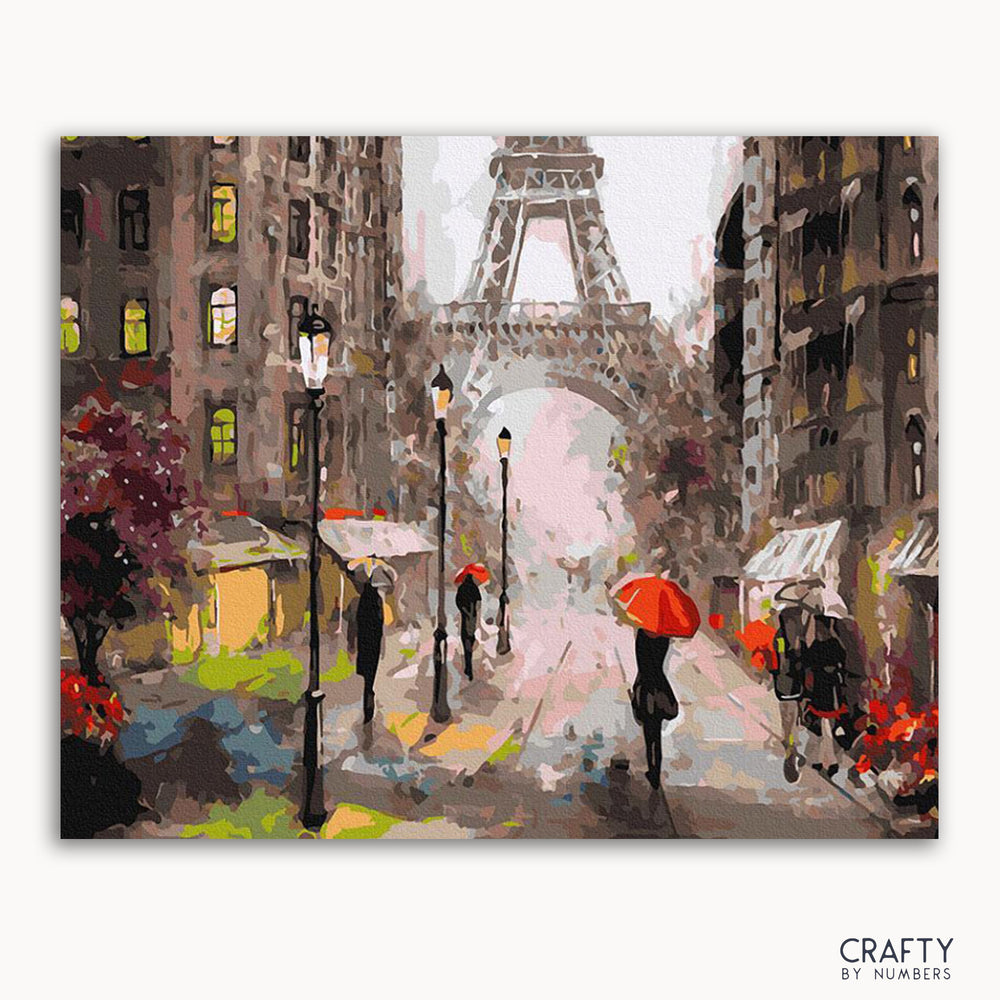 A painting depicting a rainy scene in Paris with the Eiffel Tower in the background, people walking with umbrellas, and a general romantic ambiance.
