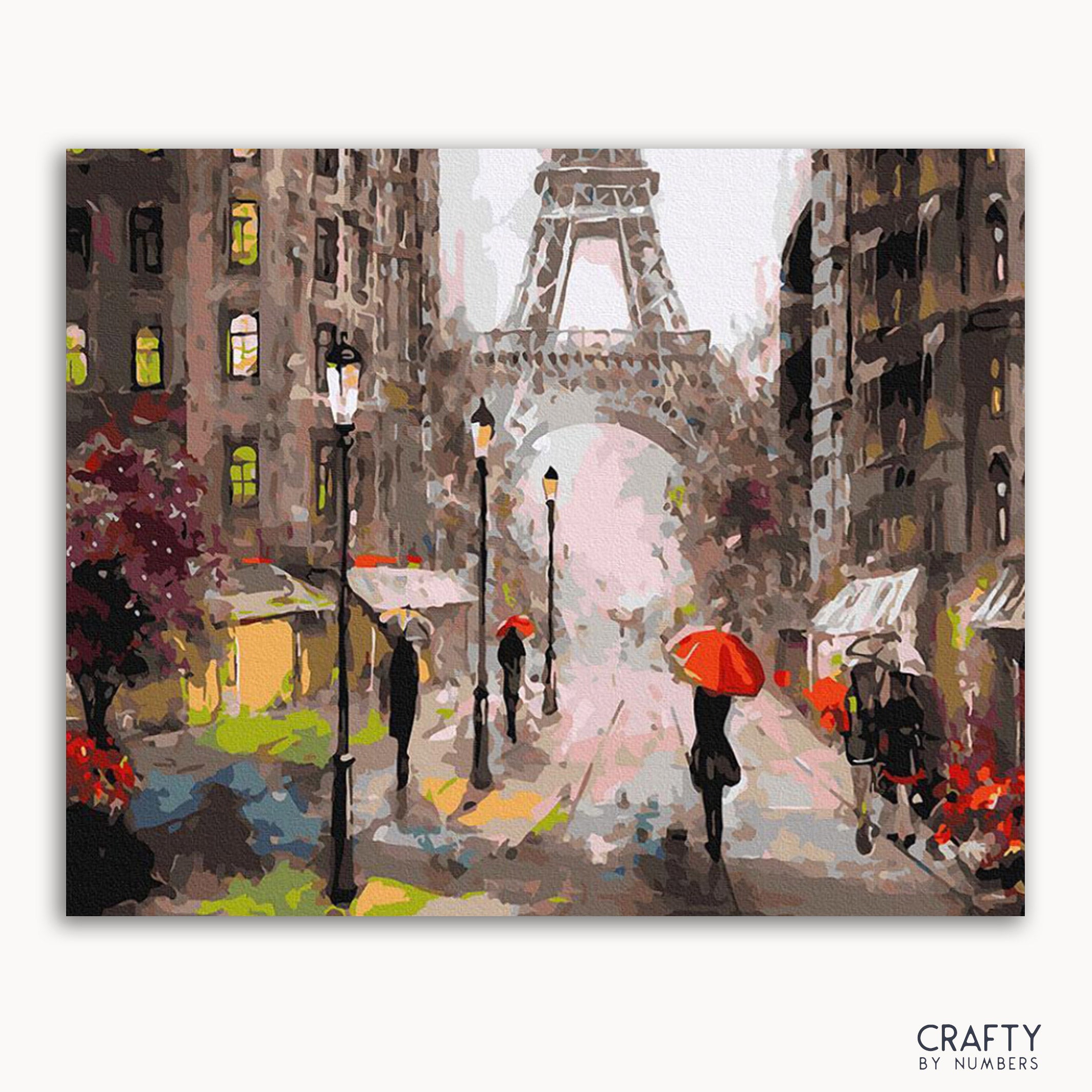 A painting depicting a rainy scene in Paris with the Eiffel Tower in the background, people walking with umbrellas, and a general romantic ambiance.