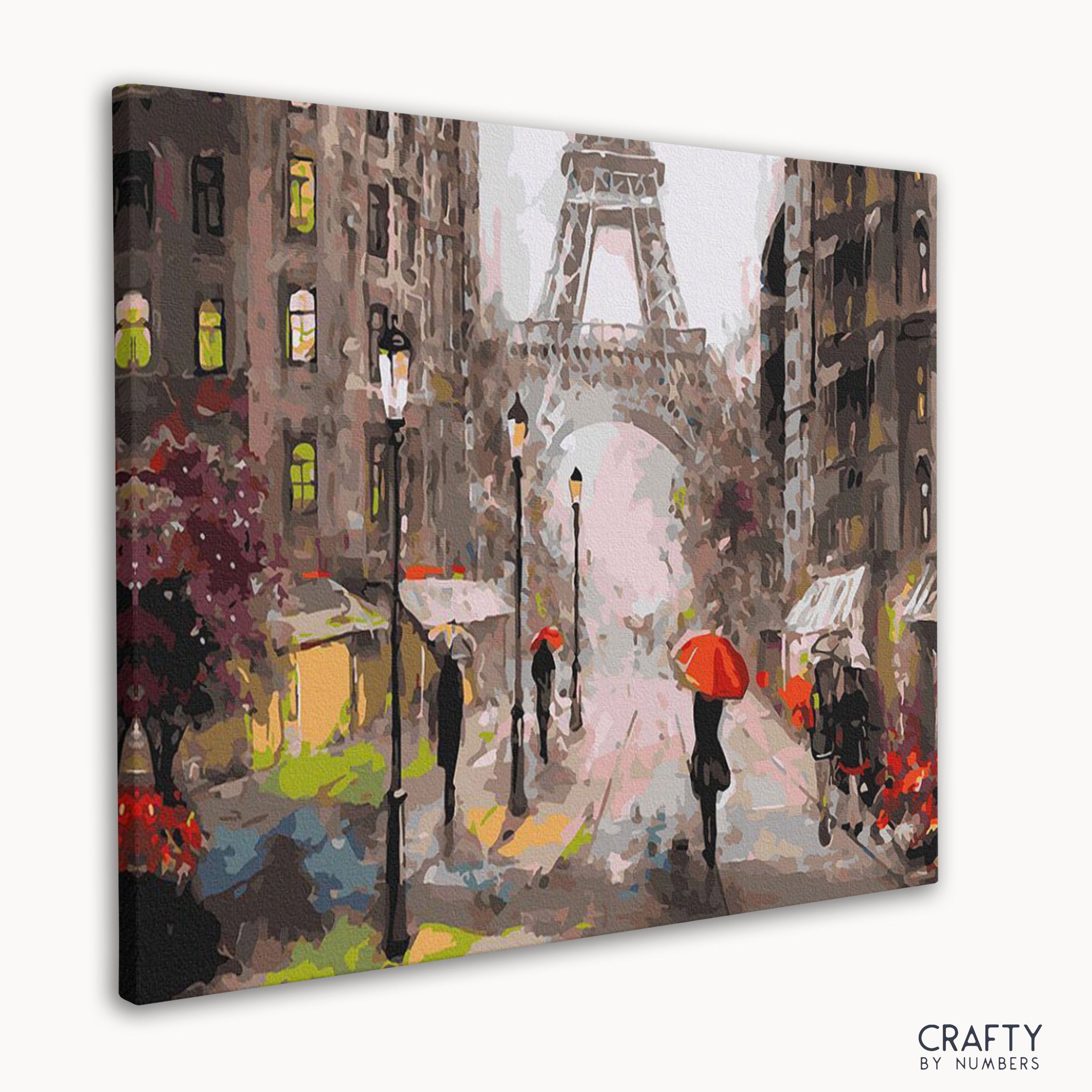 A paint by number of Paris in the rain, inspired by famous landscape paintings, famous artists paintings, famous paintings of women.