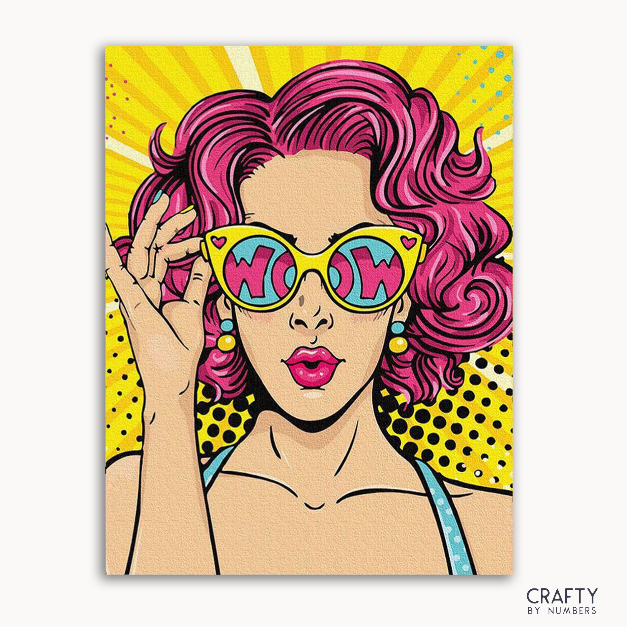 A colorful pop art illustration of a woman with pink hair and sunglasses, saying 'WOW' with a yellow and polka dot background.