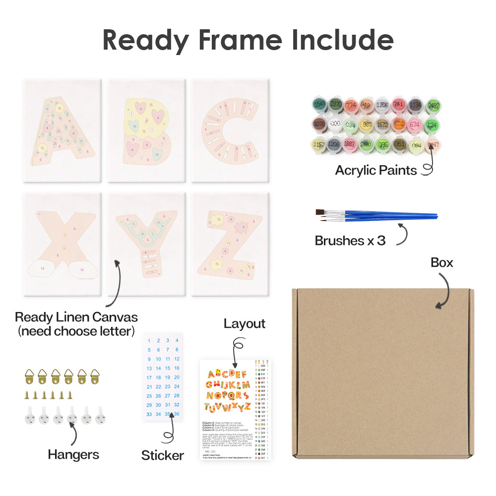 Set of art supplies including acrylic paints, brushes, a linen canvas, and a box on a white background.