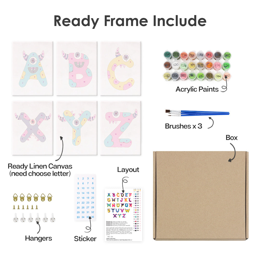 Set of art supplies including acrylic paints, brushes, a box, linen canvas, and letter stickers.