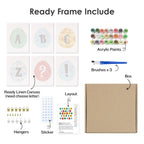 Set of art supplies including acrylic paints, brushes, a box, linen canvas, hangers, and a layout sticker on a white background.