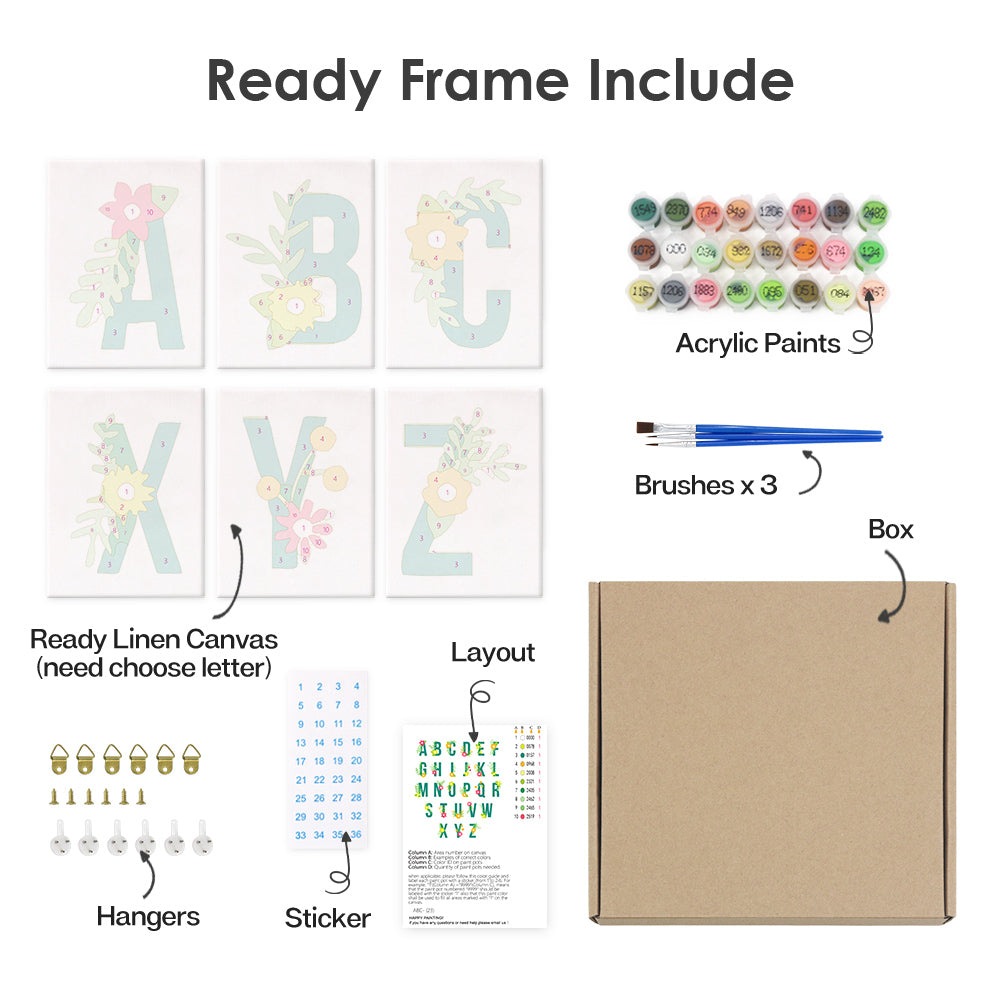 Product set with ready frame, acrylic paints, brushes, linen canvas, box, hangers, and sticker on a white background.