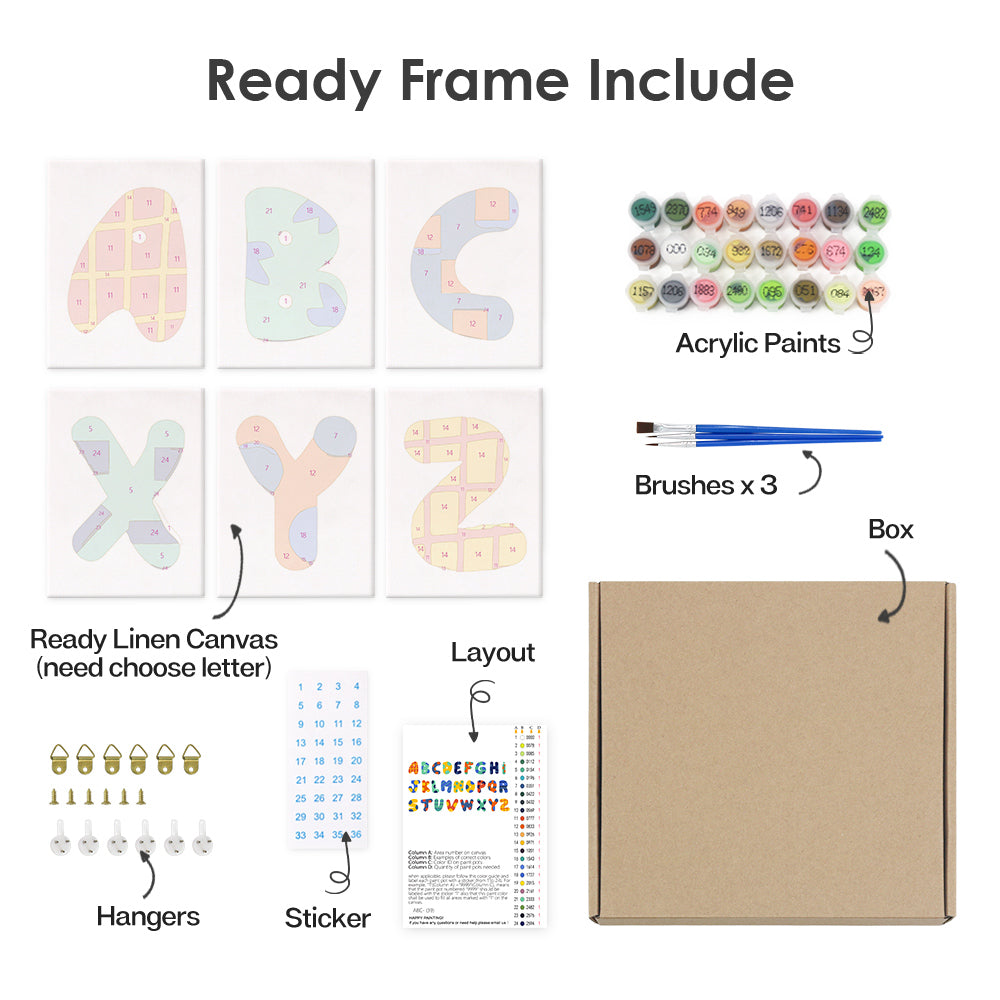 Set of art supplies including linen canvas, acrylic paints, brushes, and a box on a white background.