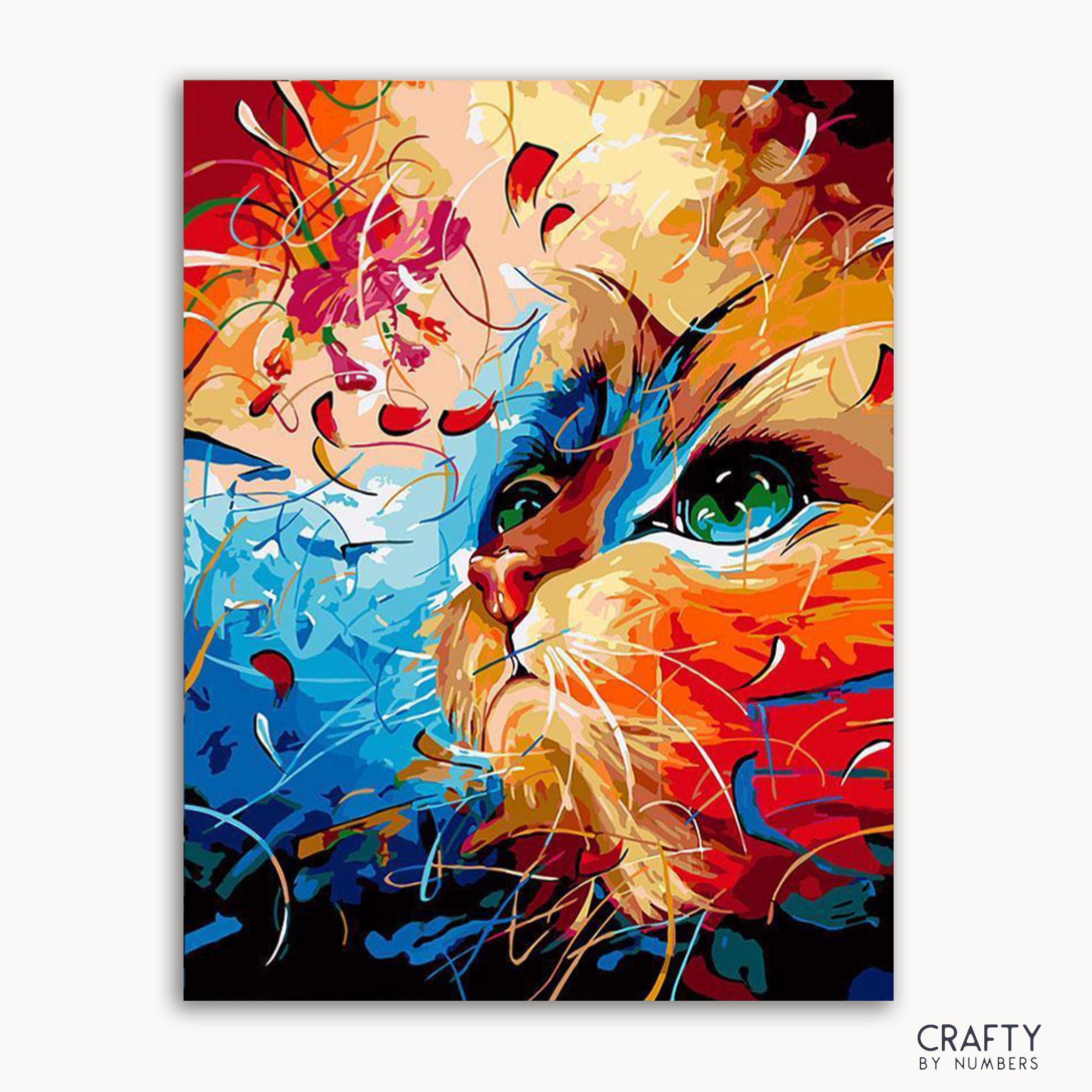A colorful abstract painting of a cat's face with floral elements in the background.
