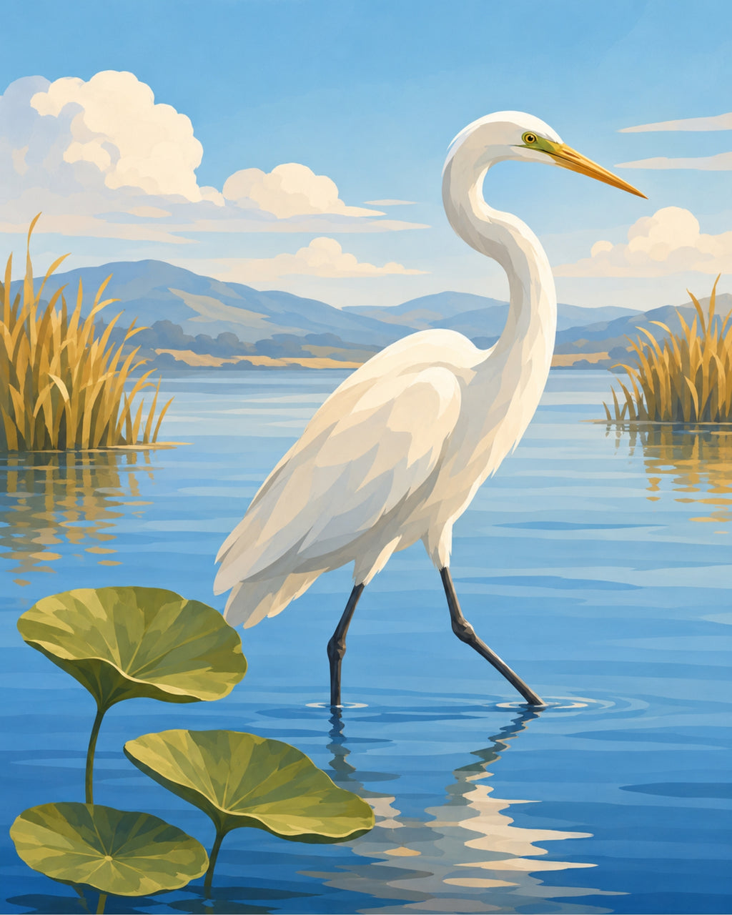 Pintura de garza blanca terminada por números, obra de arte
