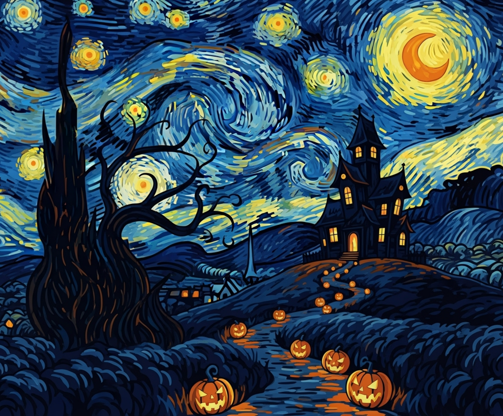 Halloween-themed painting inspired by 'Starry Night', featuring pumpkins, a haunted house, and a dark landscape.