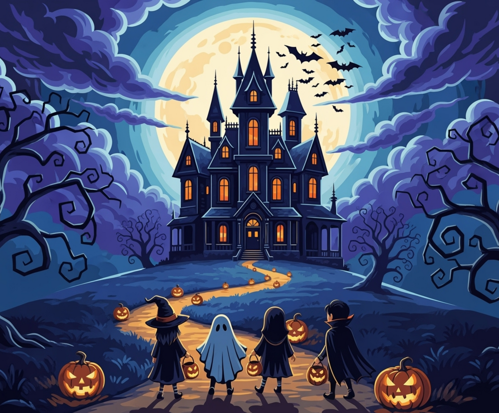 Halloween scene with a haunted house, pumpkins, and children in costumes.