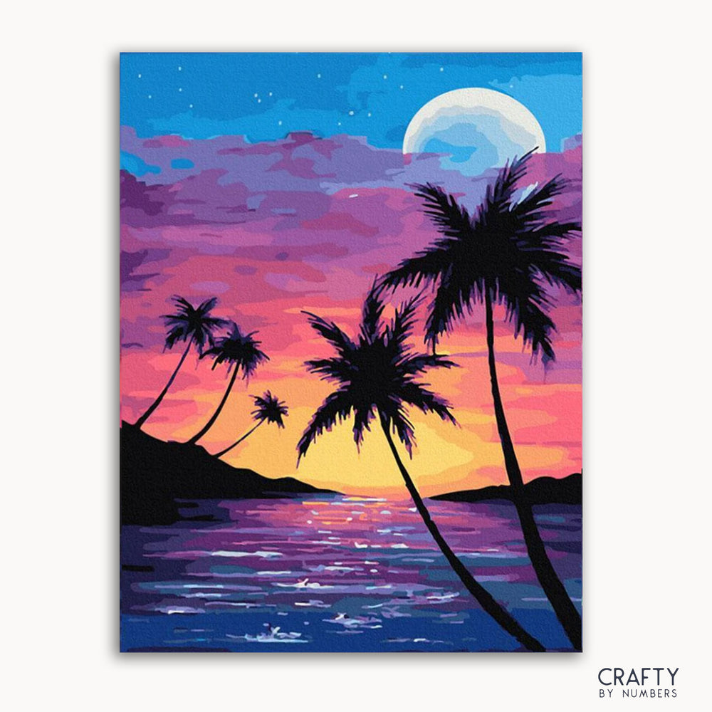 A vibrant painting featuring a Caribbean sunset with palm trees, ocean, and a full moon.