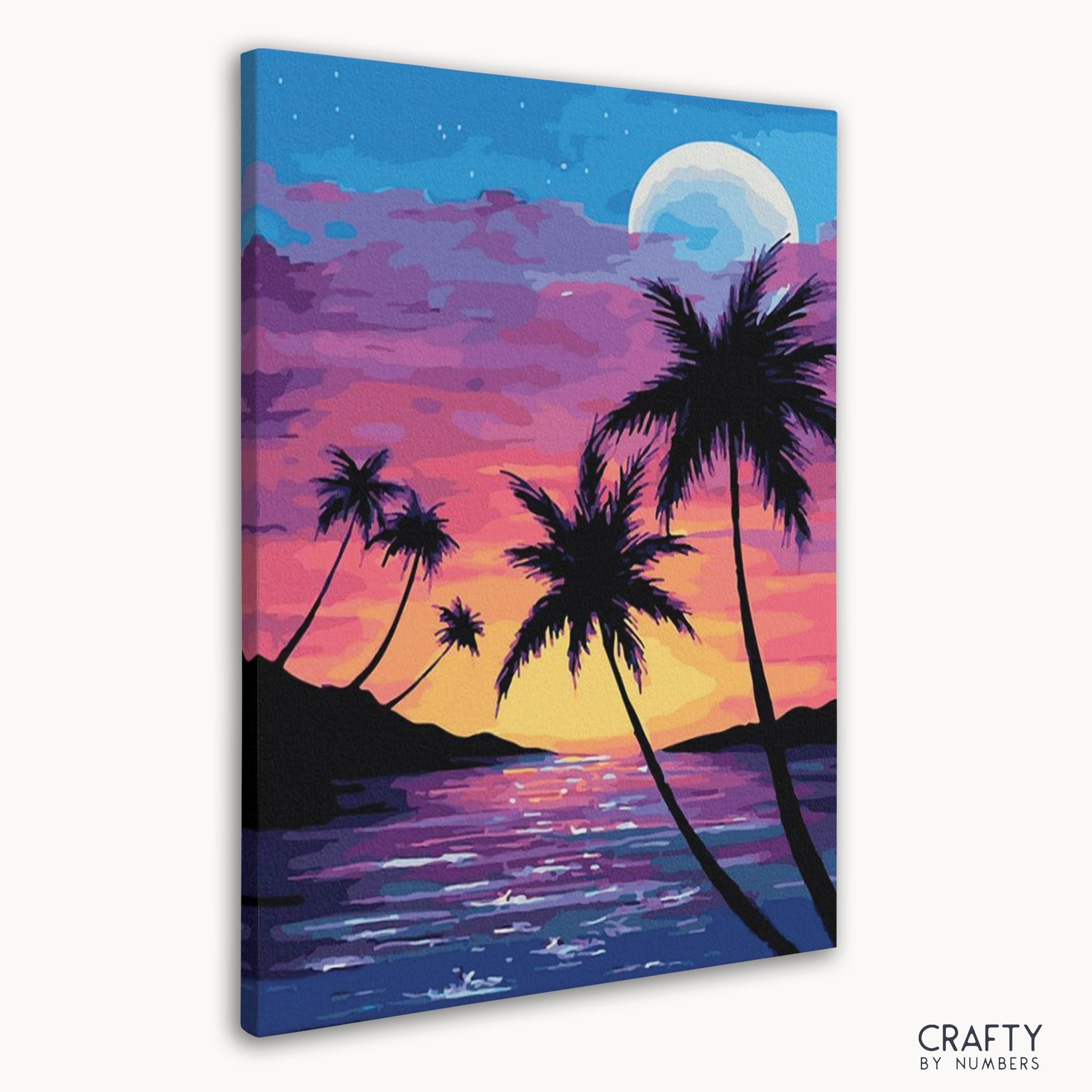 DIY paint by numbers kit featuring tropical beach sunset scene