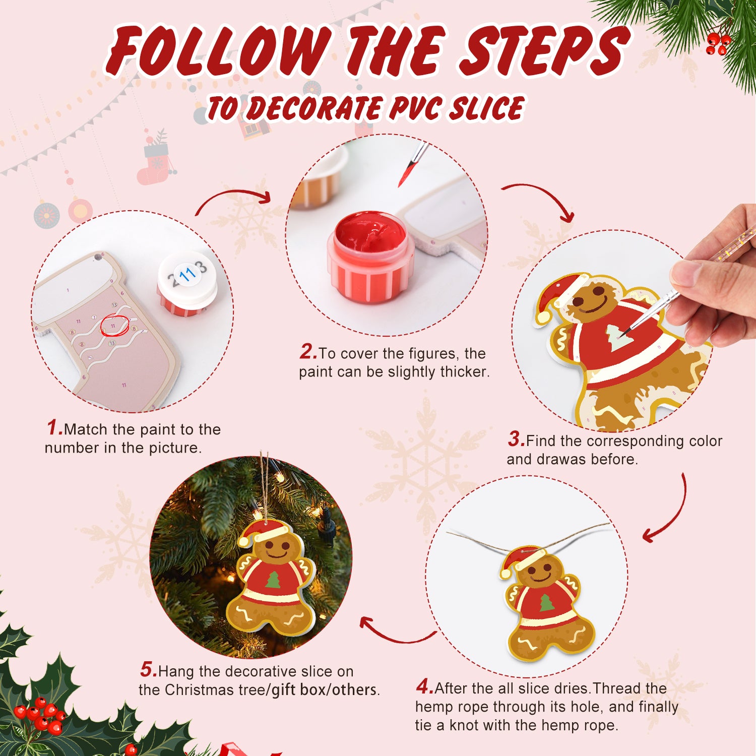 Step-by-step guide on how to decorate a PVC slice with Christmas-themed figures.