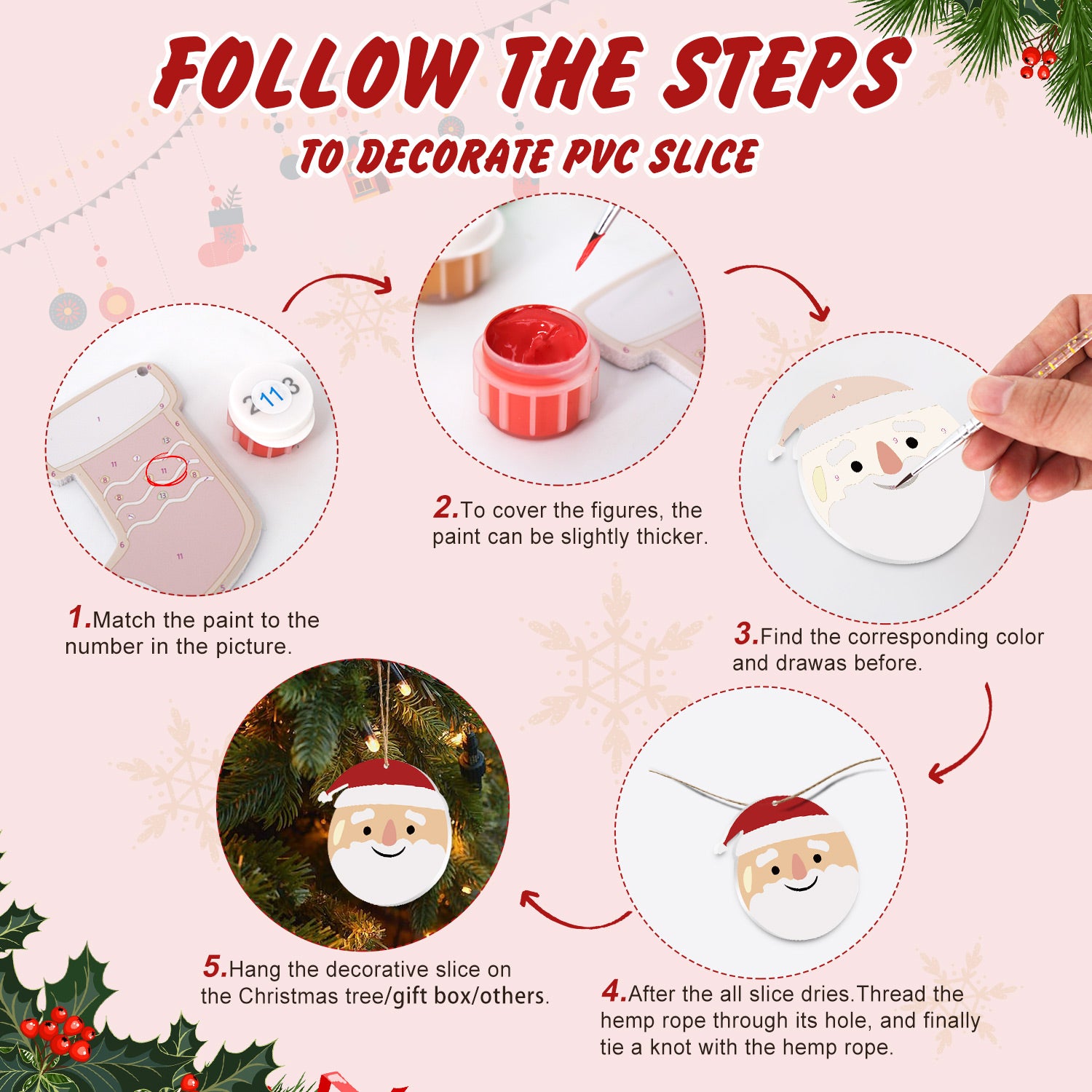 Step-by-step guide on decorating a PVC slice with Christmas-themed figures.