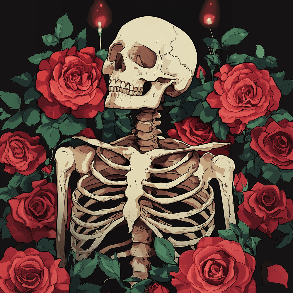 A paint by numbers kit depicting a skeleton surrounded by red roses, with a focus on the completed picture rather than the kit components.