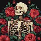 A paint by numbers kit depicting a skeleton surrounded by red roses, with a focus on the completed picture rather than the kit components.