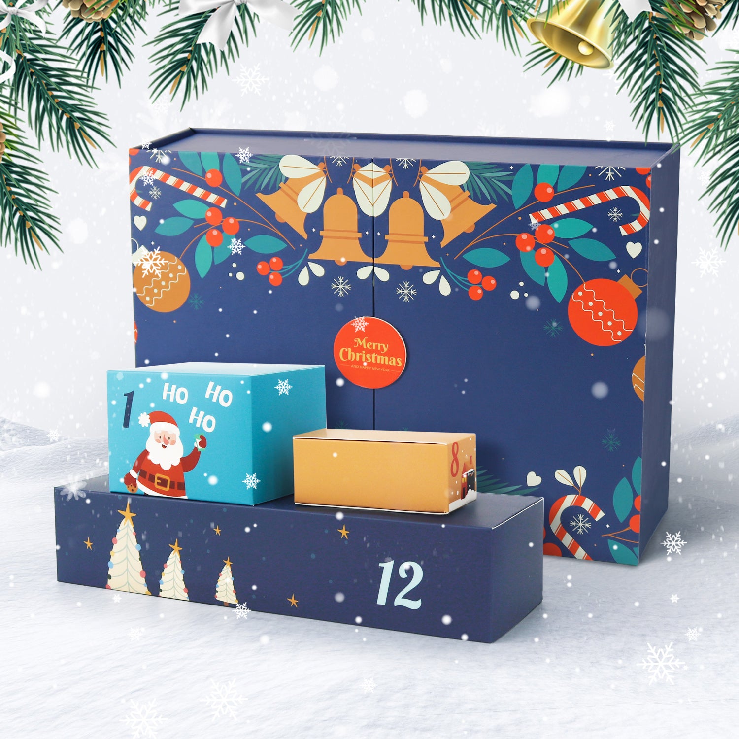 Advent calendar with festive designs on a snowy background