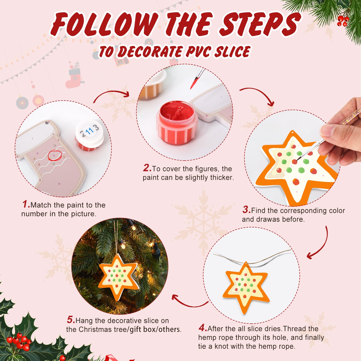 Step-by-step guide on decorating a PVC slice with Christmas-themed decorations.