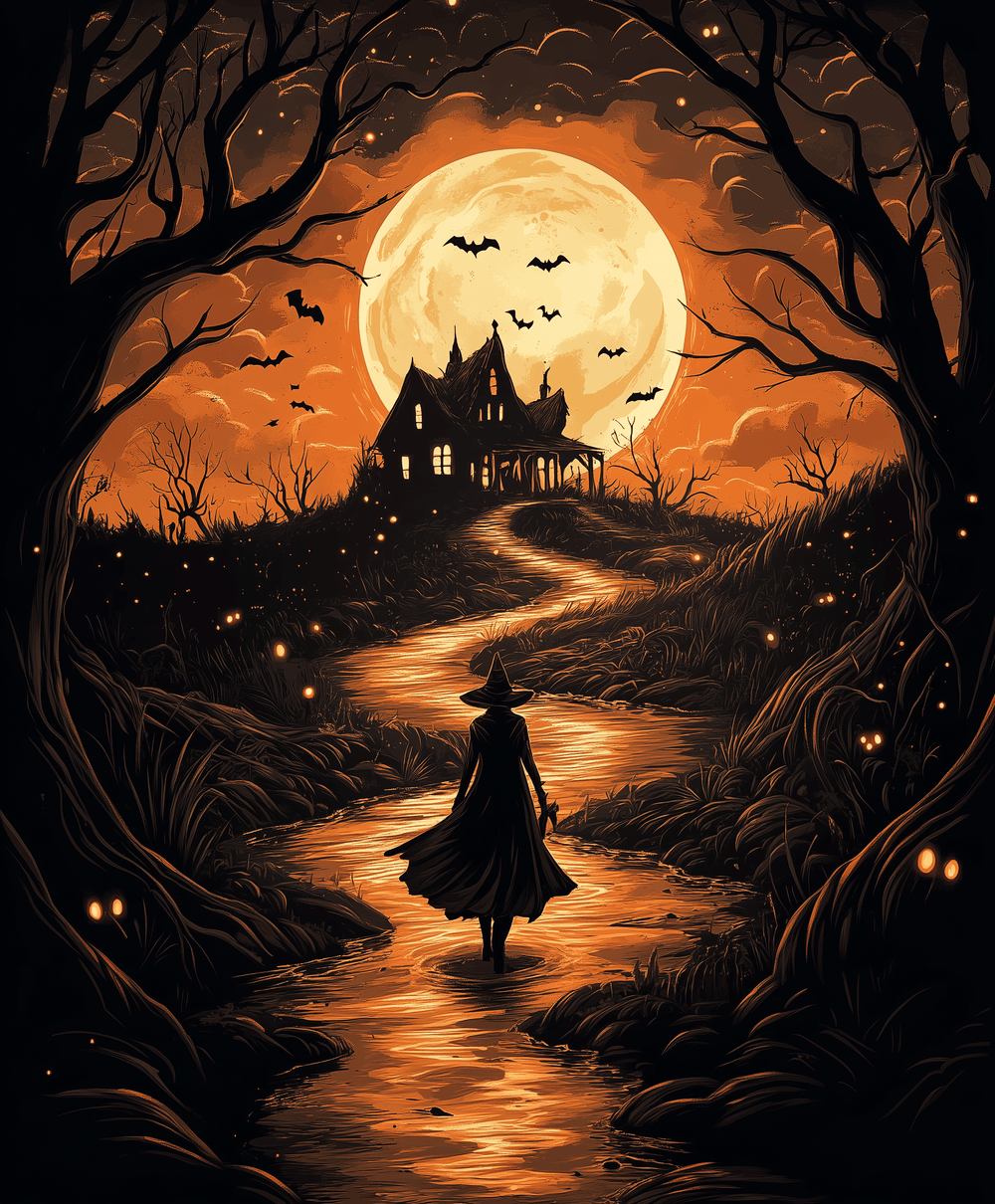A paint by numbers kit depicting a scene with a lone witch walking along a path towards a haunted house, illuminated by the light of a full moon.