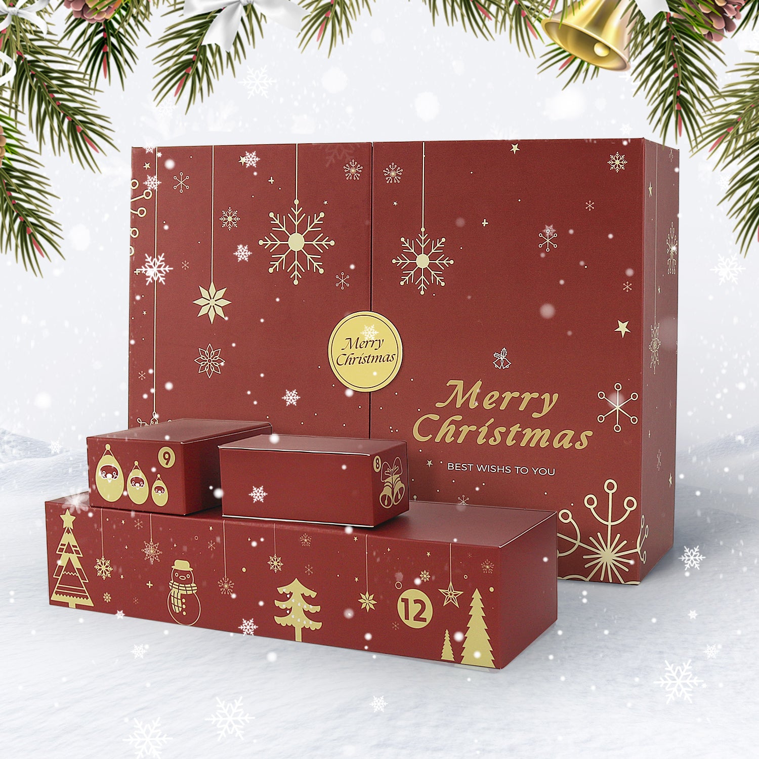 Red Christmas-themed gift box set with gold accents on a snowy background