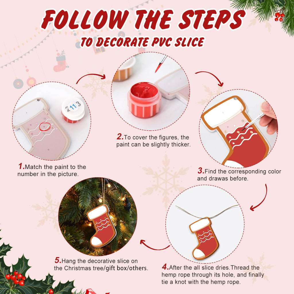 Step-by-step guide on how to decorate a PVC slice with Christmas-themed items.