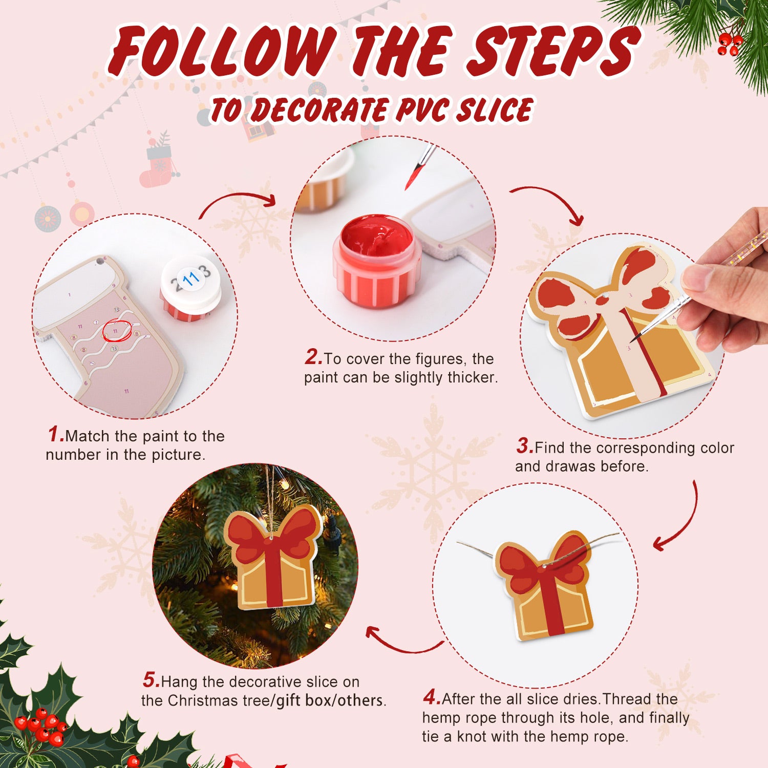 Guide étape par étape pour décorer une tranche de PVC avec des décorations sur le thème de Noël.