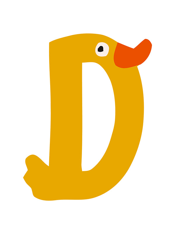 Yellow letter 'D' with a duck face on a white background