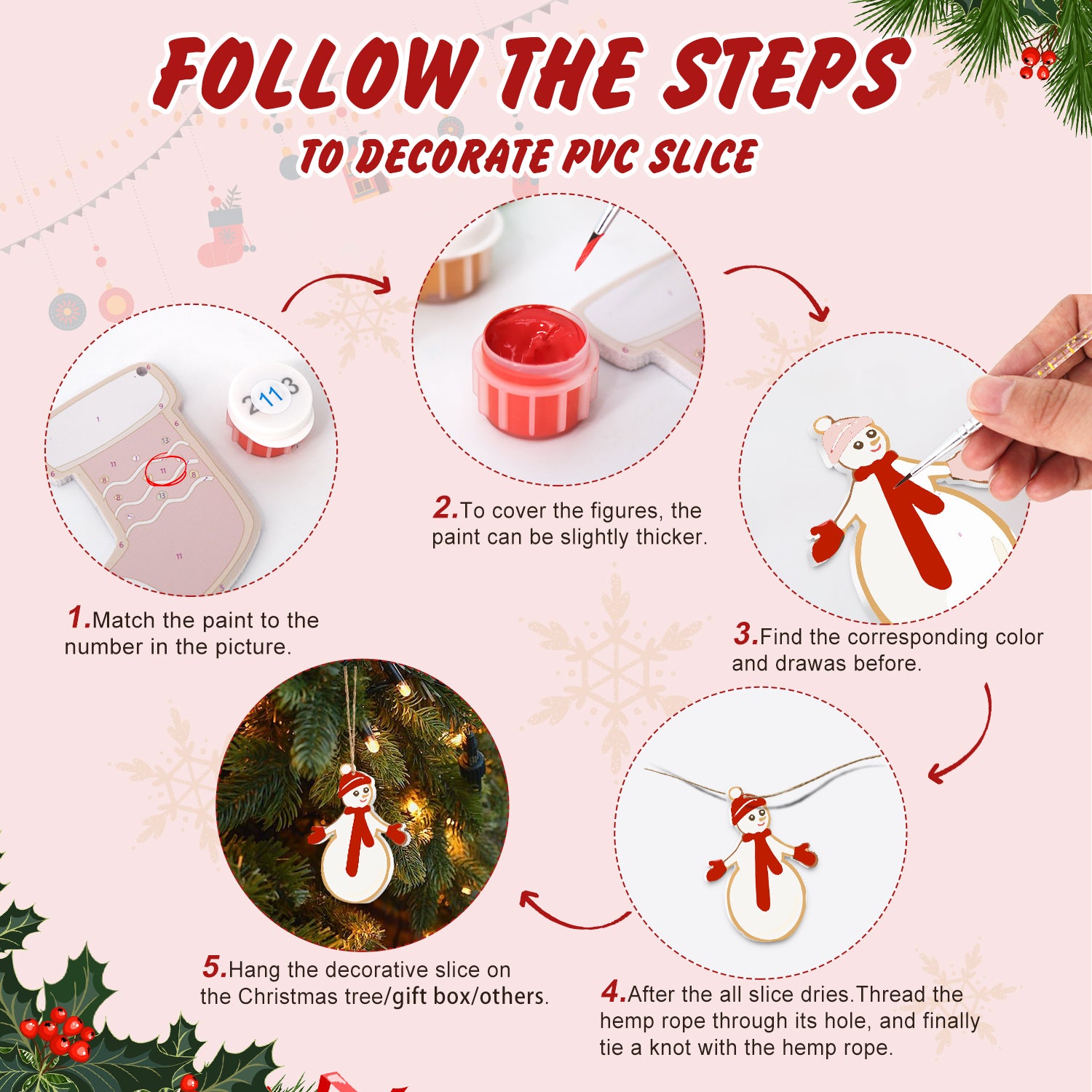 Step-by-step guide on how to decorate a PVC slice with Christmas-themed figures.
