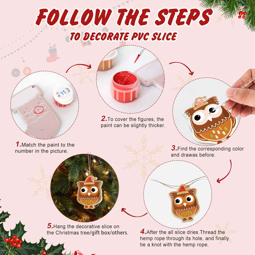Step-by-step guide on how to decorate a PVC slice with owl figures, featuring paint application and final assembly.