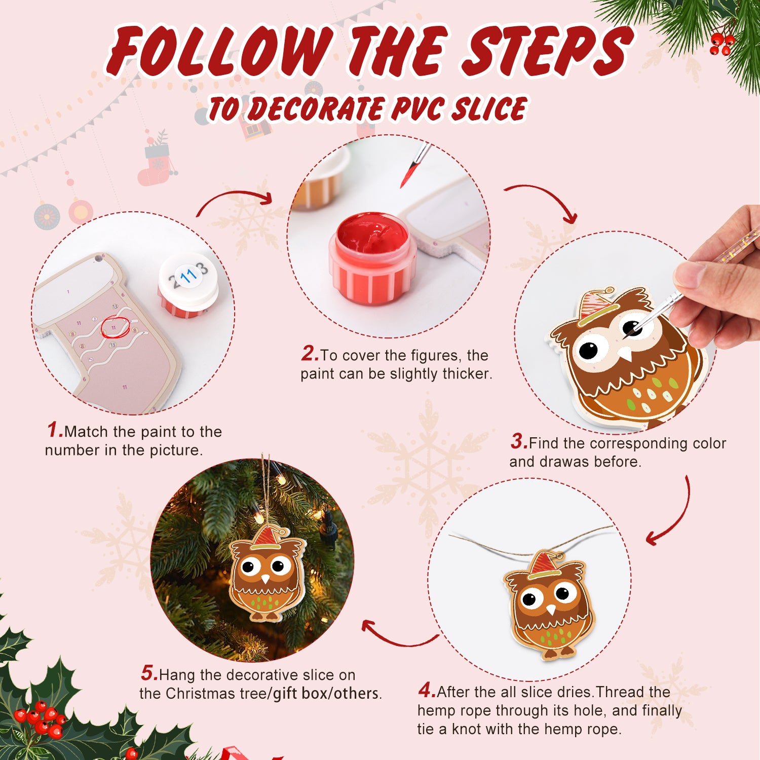 Step-by-step guide on how to decorate a PVC slice with owl figures, featuring paint application and final assembly.