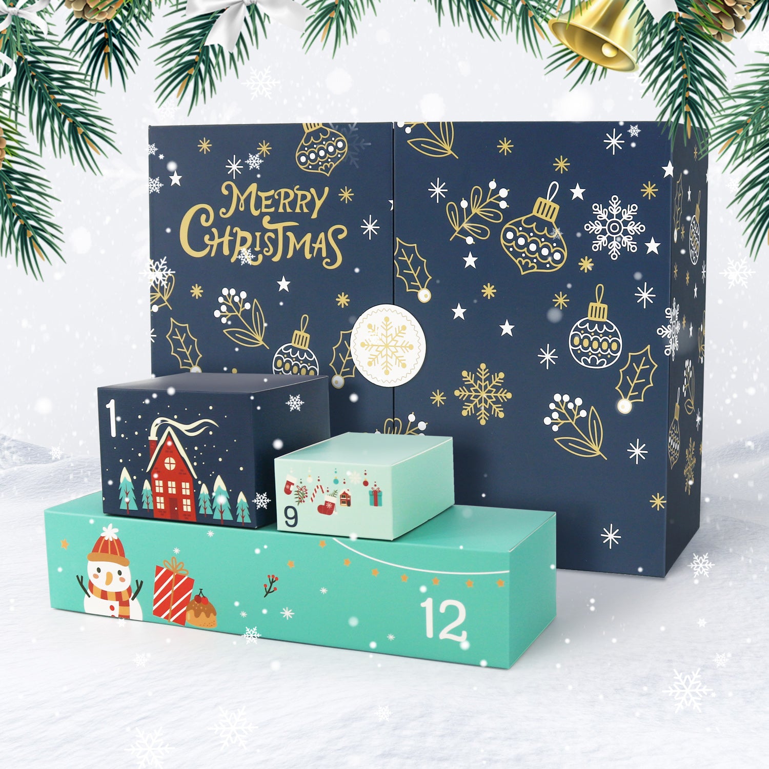 Advent calendar with festive design on a snowy background