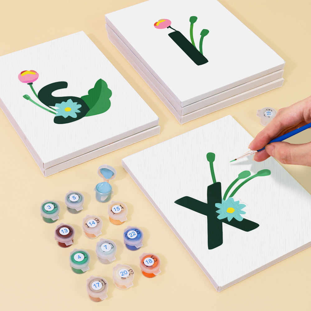Kunstaktivität für Kinder mit Buchstaben-X-Design und Farbtöpfen auf beigem Hintergrund