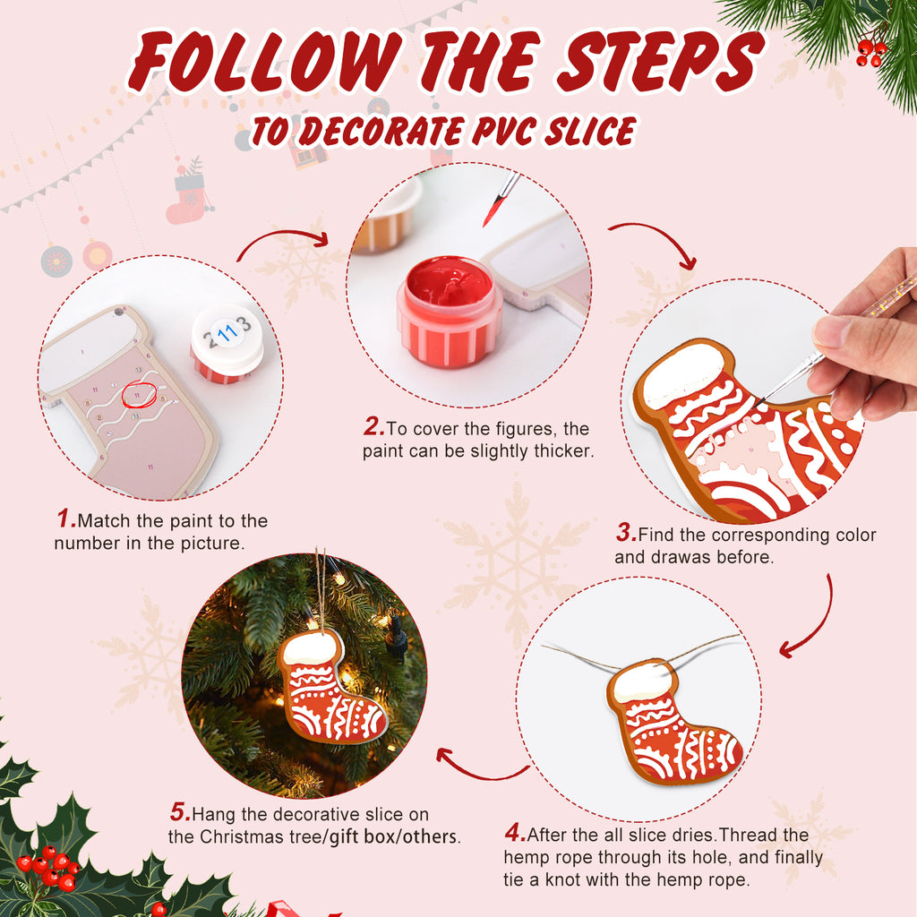 Step-by-step guide on how to decorate a PVC slice with Christmas-themed decorations.