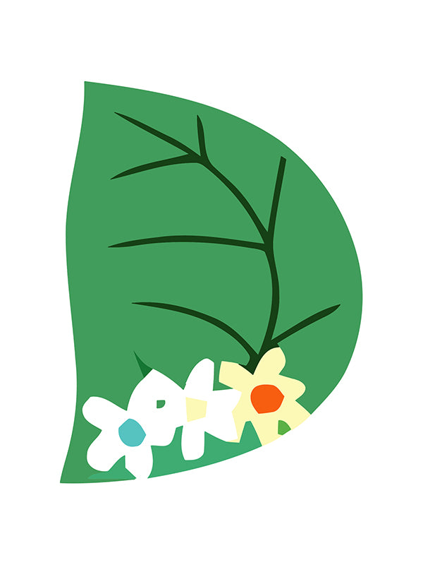 Green leaf with floral elements on a white background