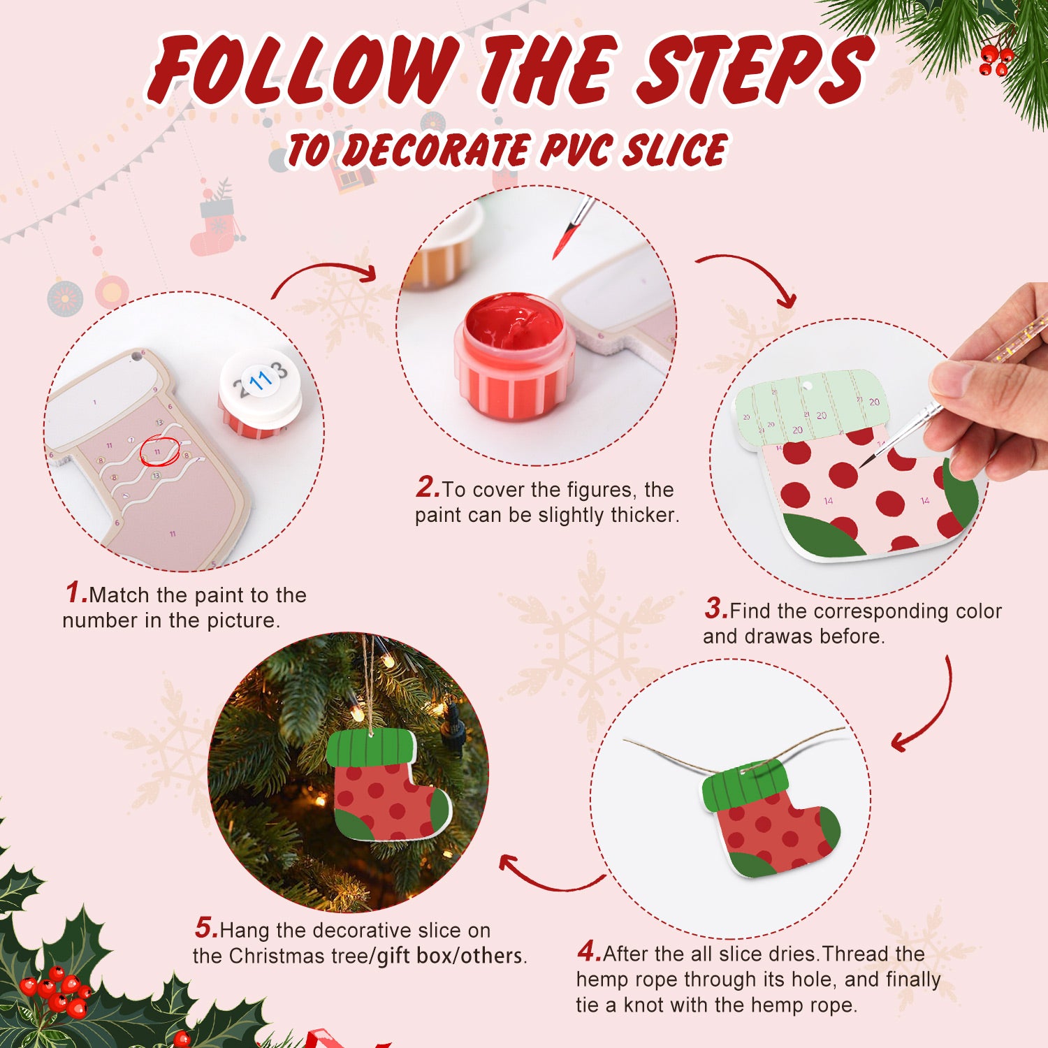 Guide étape par étape pour décorer une tranche de PVC avec des décorations sur le thème de Noël.