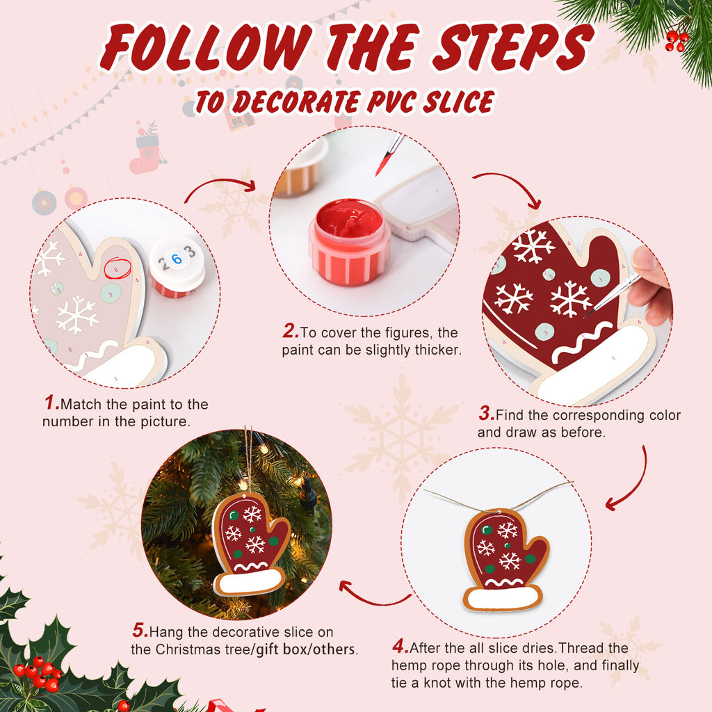Step-by-step guide on how to decorate a PVC slice with Christmas-themed decorations.