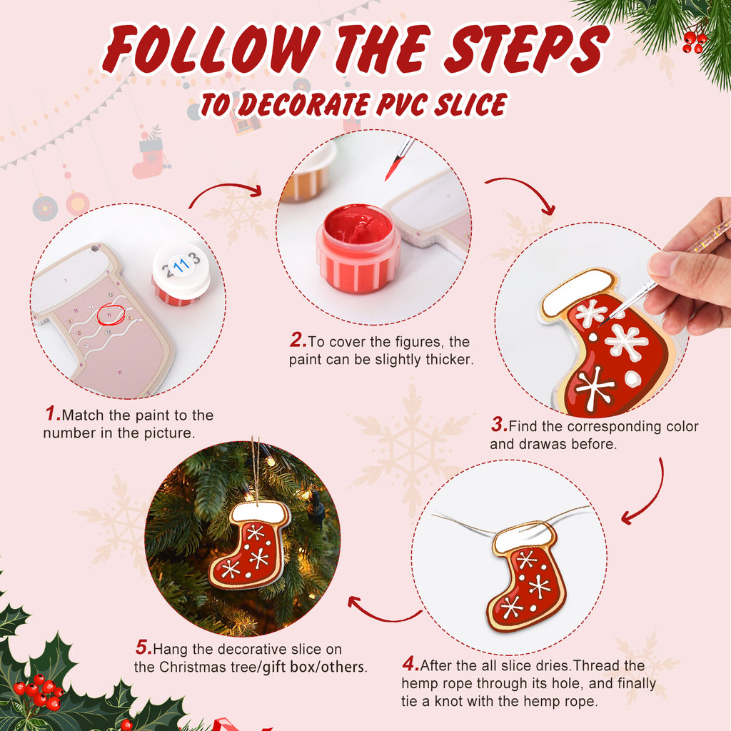 Step-by-step guide on how to decorate a PVC slice with Christmas-themed decorations.